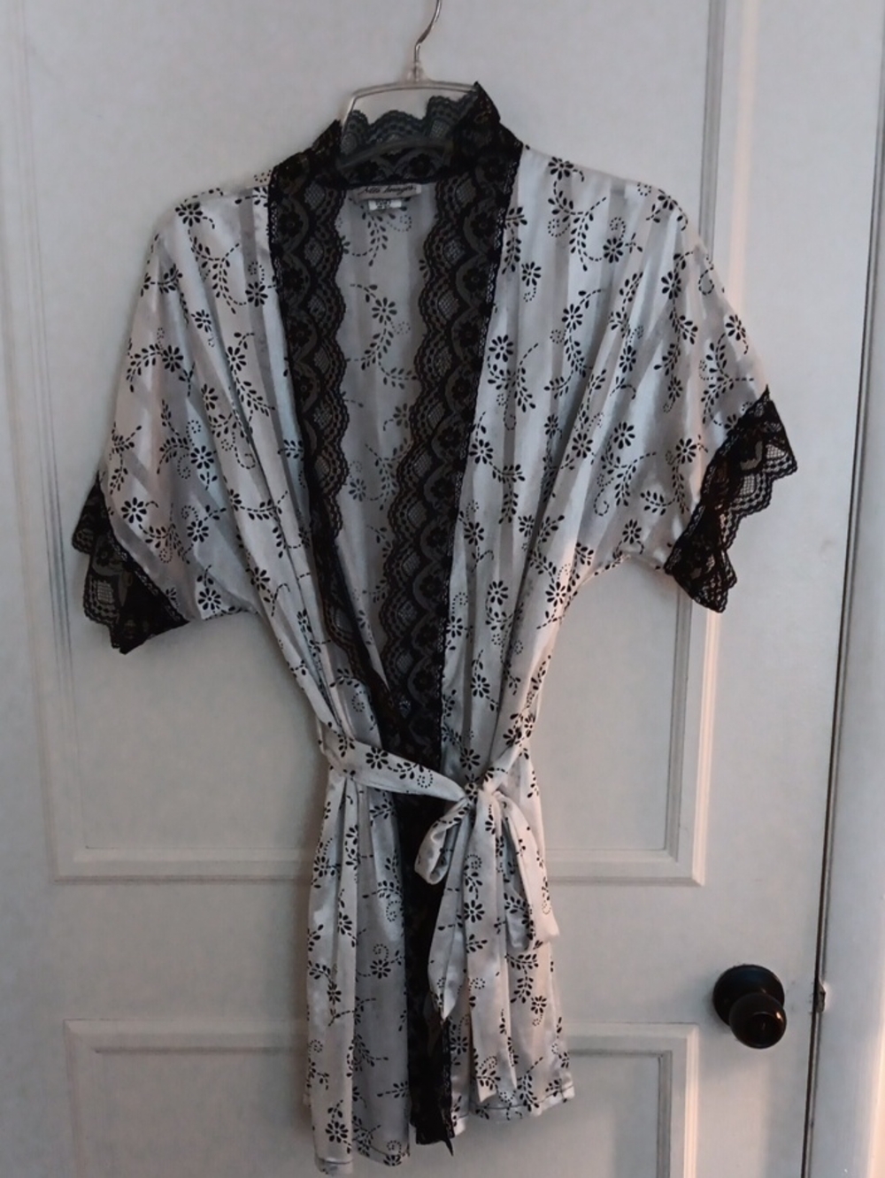 Satin Floral Cutwork Robe with Black Lace Trim - White/Black